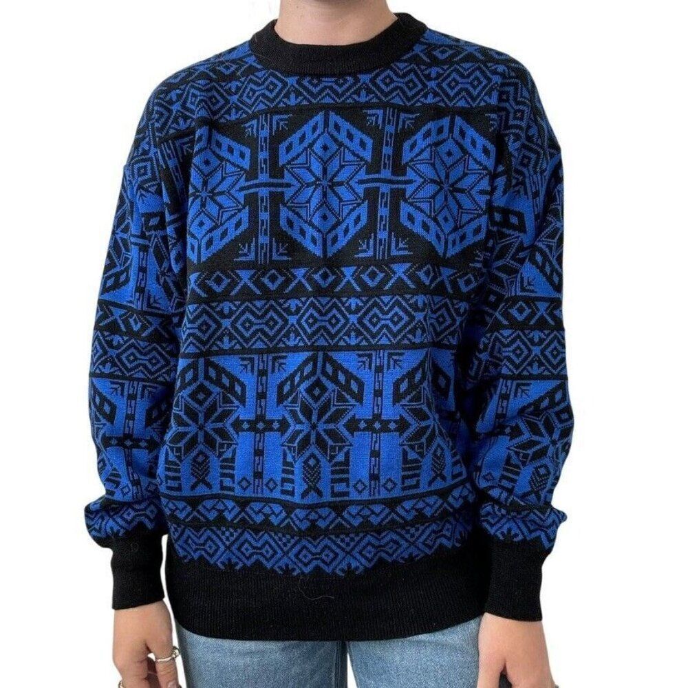 Vintage Mens Obermeyer Blue Geometric Retro Snowflake Wool Blend Ski Sweater